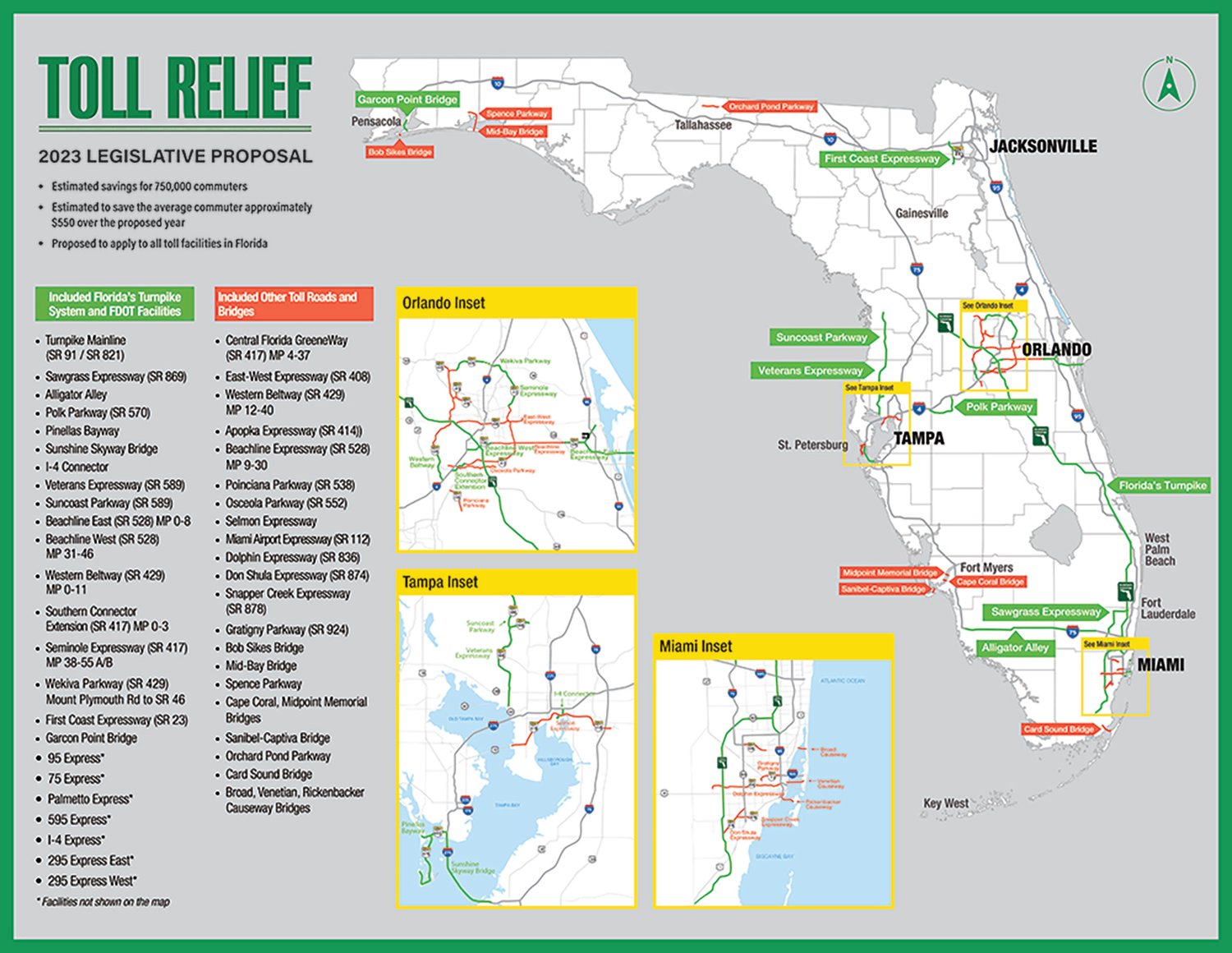 A map of Florida toll facilities in the legislative proposal.